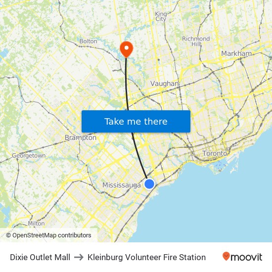Dixie Outlet Mall to Kleinburg Volunteer Fire Station map