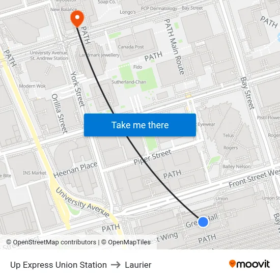 Up Express Union Station to Laurier map