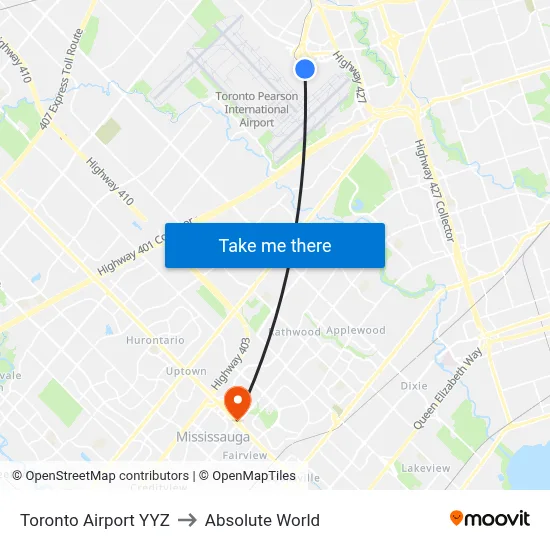 Toronto Airport YYZ to Absolute World map