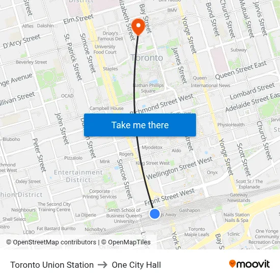 Toronto Union Station to One City Hall map
