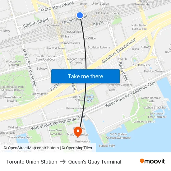 Toronto Union Station to Queen's Quay Terminal map