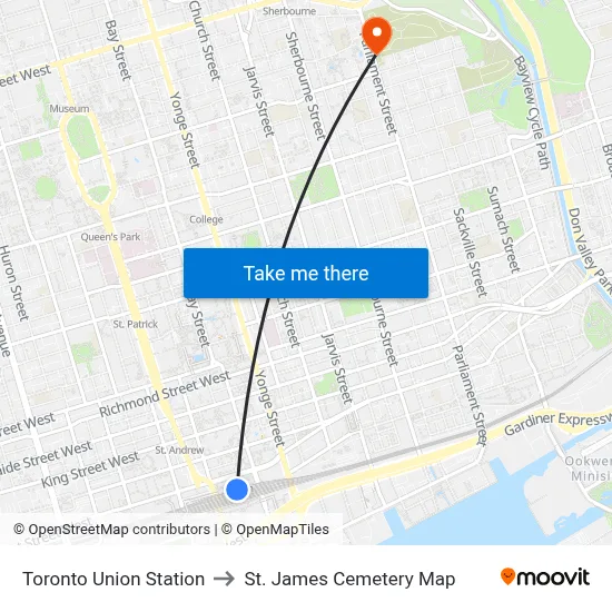 Toronto Union Station to St. James Cemetery Map map