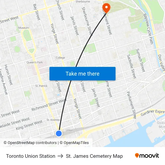 Toronto Union Station to St. James Cemetery Map map