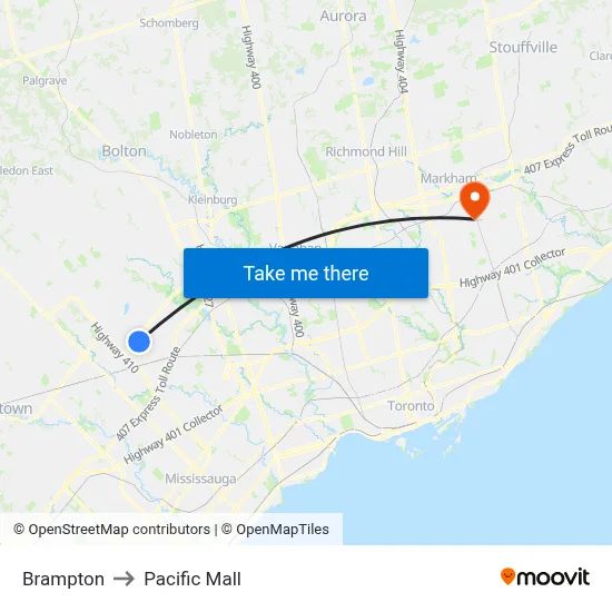 Brampton to Pacific Mall map