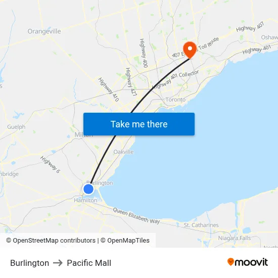 Burlington to Pacific Mall map