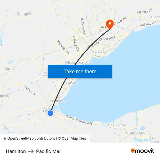 Hamilton to Pacific Mall map