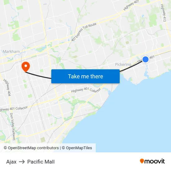 Ajax to Pacific Mall map