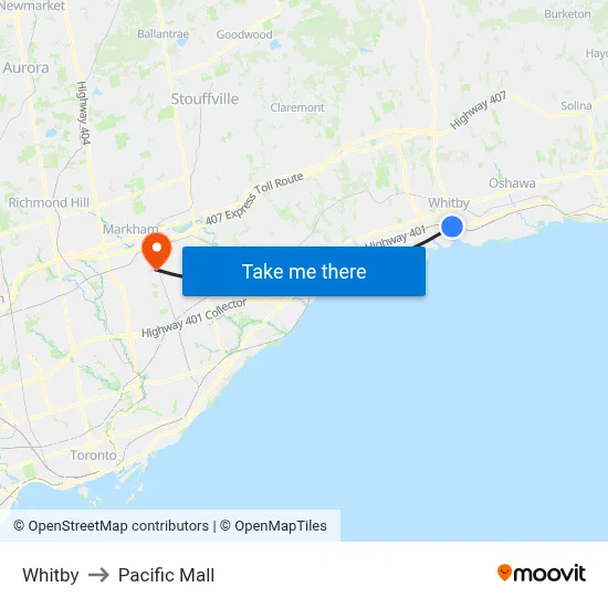 Whitby to Pacific Mall map