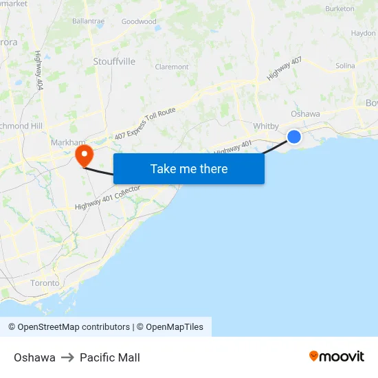 Oshawa to Pacific Mall map