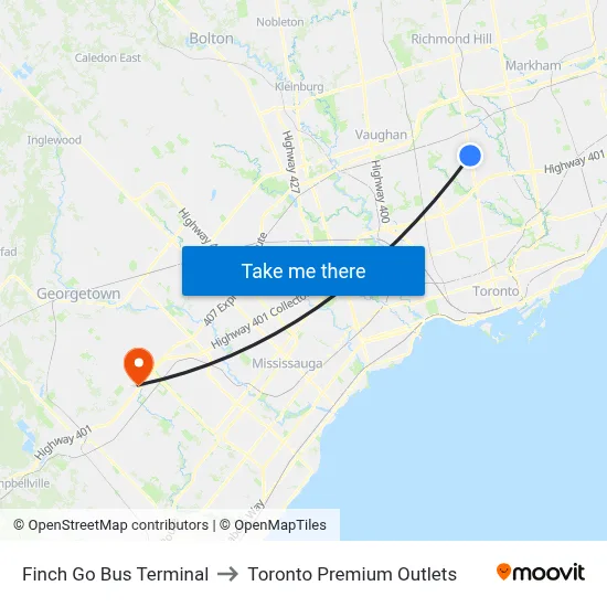 Finch Bus Terminal to Toronto Premium Outlets map