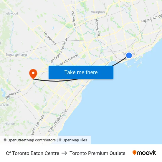 Cf Toronto Eaton Centre to Toronto Premium Outlets map