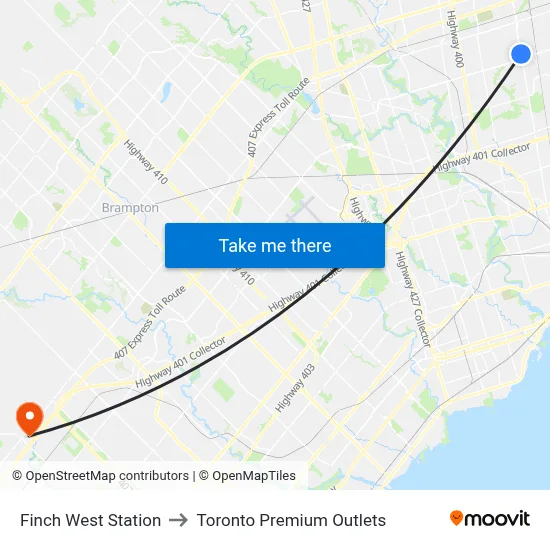 Finch West Station to Toronto Premium Outlets map