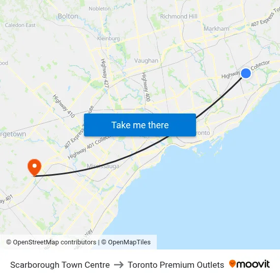 Scarborough Town Centre to Toronto Premium Outlets map