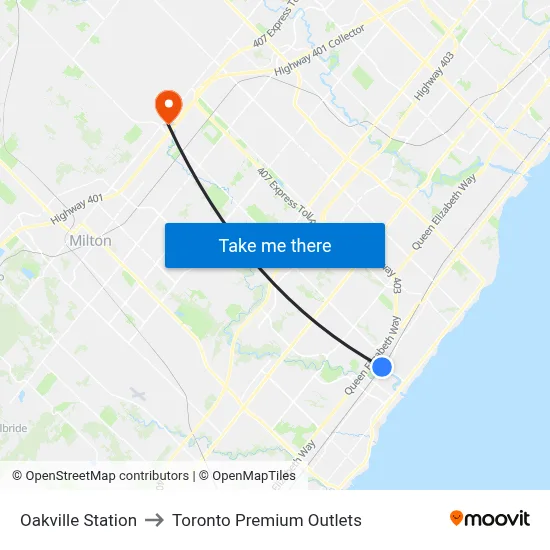 Oakville Station to Toronto Premium Outlets map