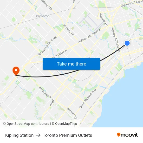 Kipling Station to Toronto Premium Outlets map