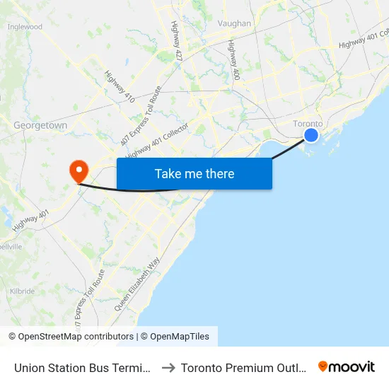 Union Station Bus Terminal to Toronto Premium Outlets map