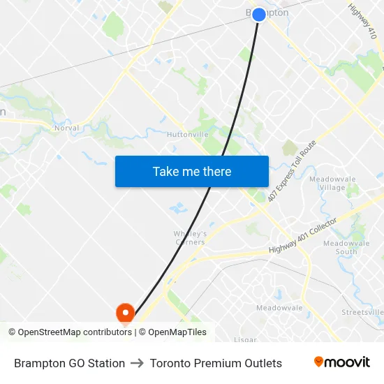Brampton GO Station to Toronto Premium Outlets map