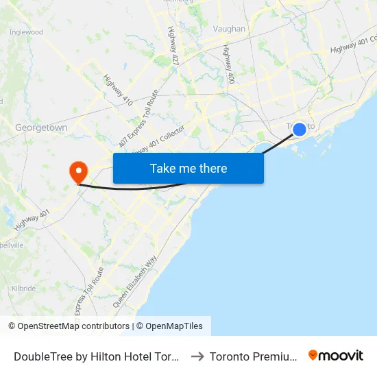 DoubleTree by Hilton Hotel Toronto Downtown to Toronto Premium Outlets map
