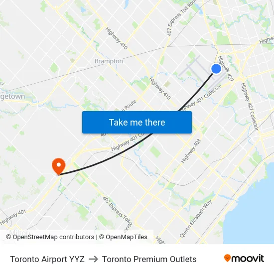 Toronto Airport YYZ to Toronto Premium Outlets map