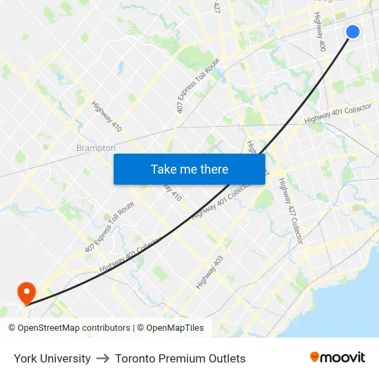 York University to Toronto Premium Outlets map