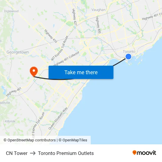 CN Tower to Toronto Premium Outlets map