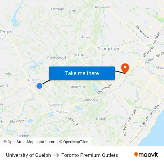 University of Guelph to Toronto Premium Outlets map