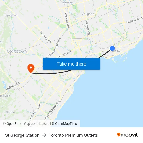 St George Station to Toronto Premium Outlets map