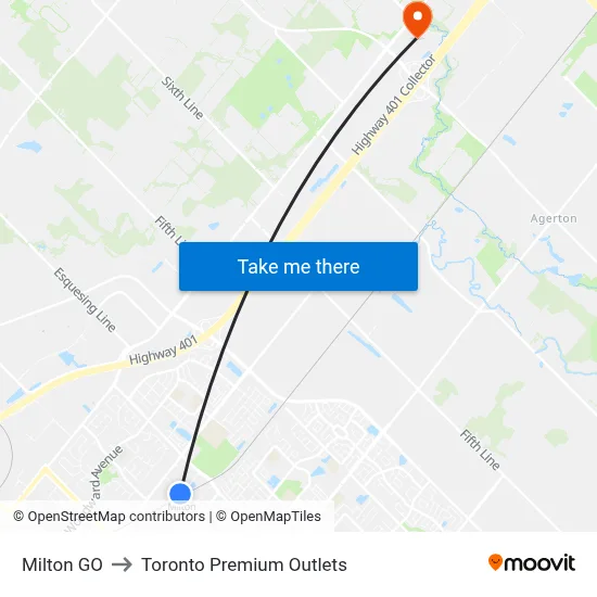 Milton GO to Toronto Premium Outlets map