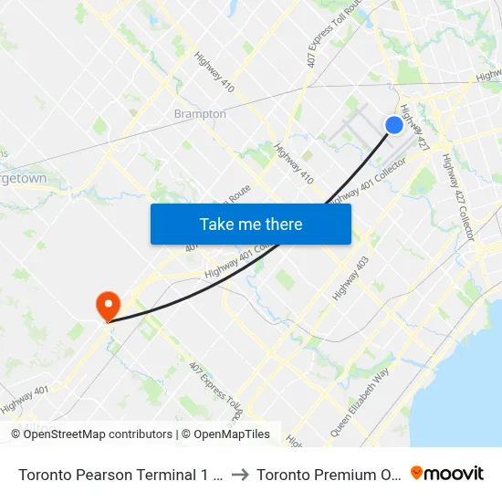 Toronto Pearson Terminal 1 Station to Toronto Premium Outlets map