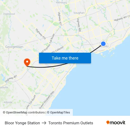 Bloor Yonge Station to Toronto Premium Outlets map