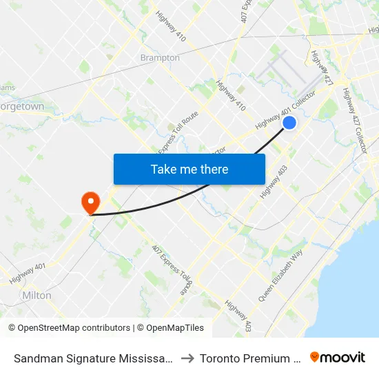 Sandman Signature Mississauga Hotel to Toronto Premium Outlets map