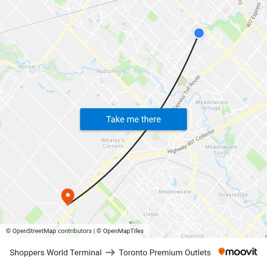 Shoppers World Terminal to Toronto Premium Outlets map