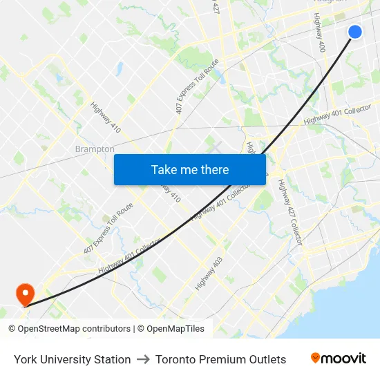 York University Station to Toronto Premium Outlets map