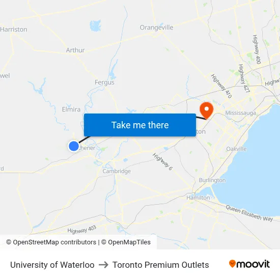 University of Waterloo to Toronto Premium Outlets map