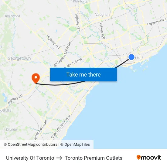 University Of Toronto to Toronto Premium Outlets map
