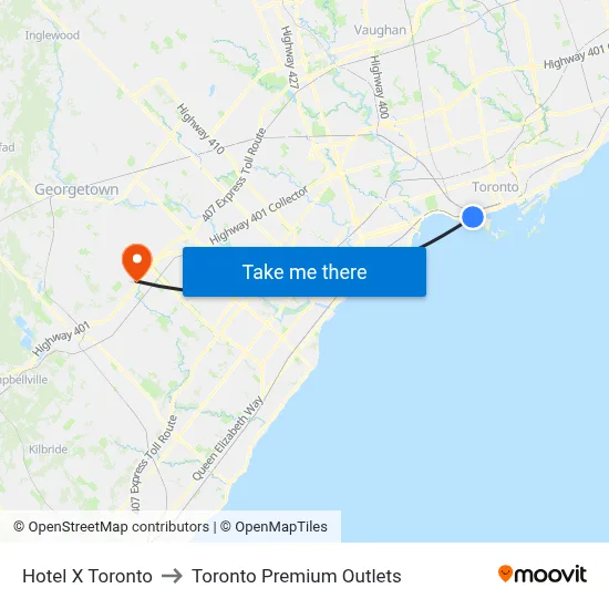 Hotel X Toronto to Toronto Premium Outlets map
