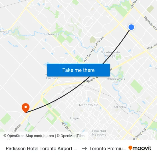 Radisson Hotel Toronto Airport West, Mississauga to Toronto Premium Outlets map