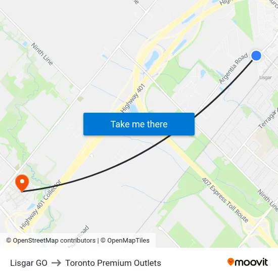 Lisgar GO to Toronto Premium Outlets map