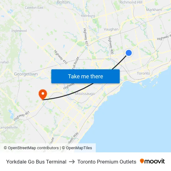 Yorkdale Go Bus Terminal to Toronto Premium Outlets map