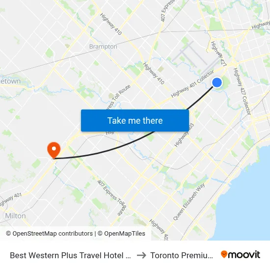 Best Western Plus Travel Hotel Toronto Airport to Toronto Premium Outlets map
