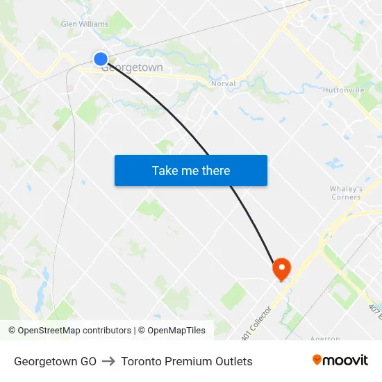 Georgetown GO to Toronto Premium Outlets map