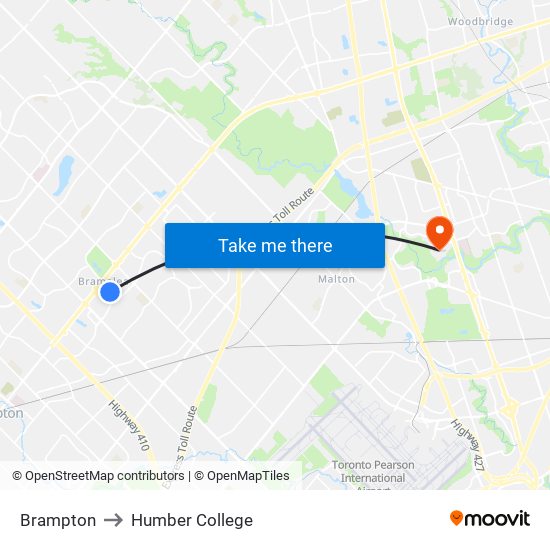 Brampton to Humber College map