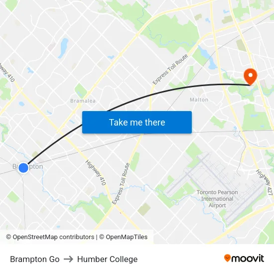 Brampton Go to Humber College map
