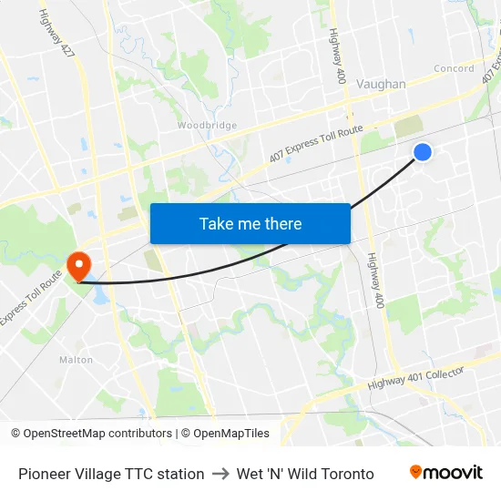 Pioneer Village TTC station to Wet 'N' Wild Toronto map