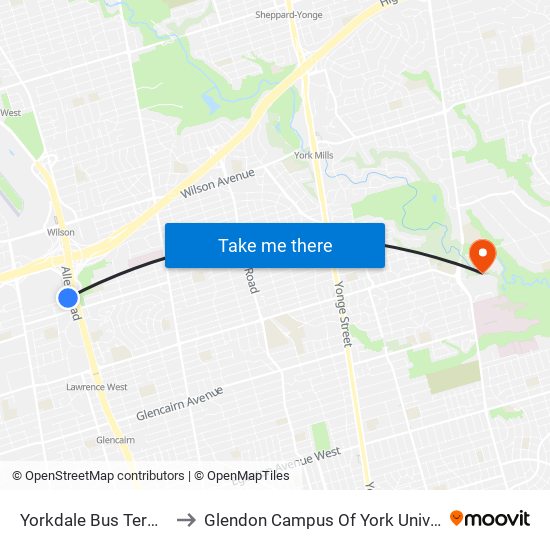 Yorkdale Bus Terminal to Glendon Campus Of York University map