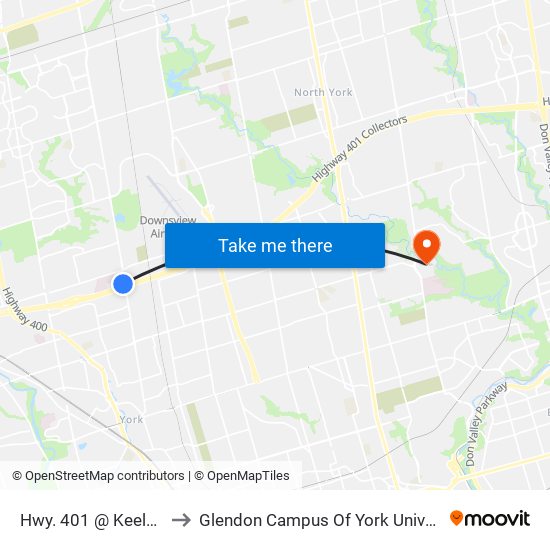 Hwy. 401 @ Keele St. to Glendon Campus Of York University map