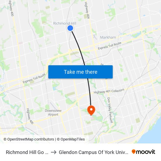 Richmond Hill Go Bus to Glendon Campus Of York University map