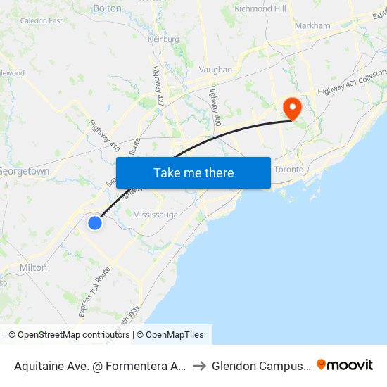 Aquitaine Ave. @ Formentera Ave. (Meadowvale Town Centre) to Glendon Campus Of York University map