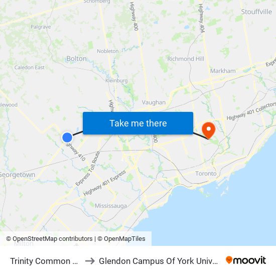 Trinity Common Mall to Glendon Campus Of York University map