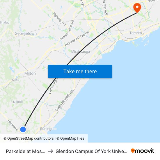 Parkside at Mosaic to Glendon Campus Of York University map